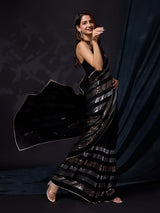 Women's Black Silk Sequins Work Saree with Blouse Piece Trendmalls