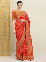 Women's Red Pure Silk Embroidery Work Saree with Unstitch Blouse Piece Trendmalls