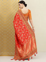Women's Red Pure Silk Embroidery Work Saree with Unstitch Blouse Piece Trendmalls