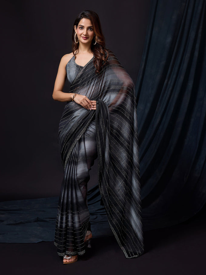 Black Chiffon Siroski Work Saree with Unstitch Blouse Piece For Women Trendmalls