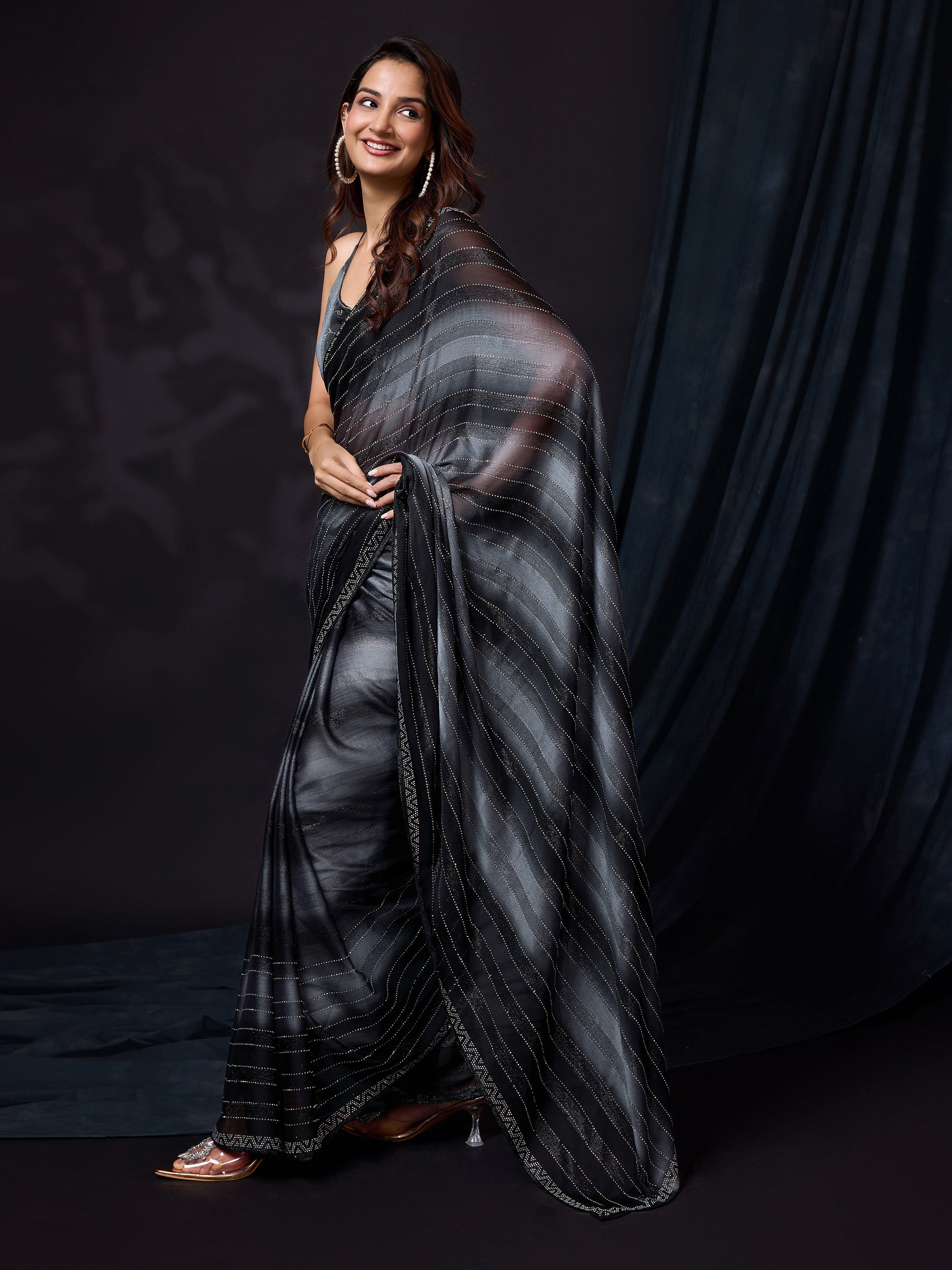 Black Chiffon Siroski Work Saree with Unstitch Blouse Piece For Women Trendmalls