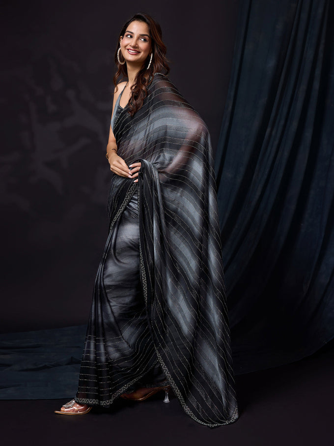 Black Chiffon Siroski Work Saree with Unstitch Blouse Piece For Women Trendmalls