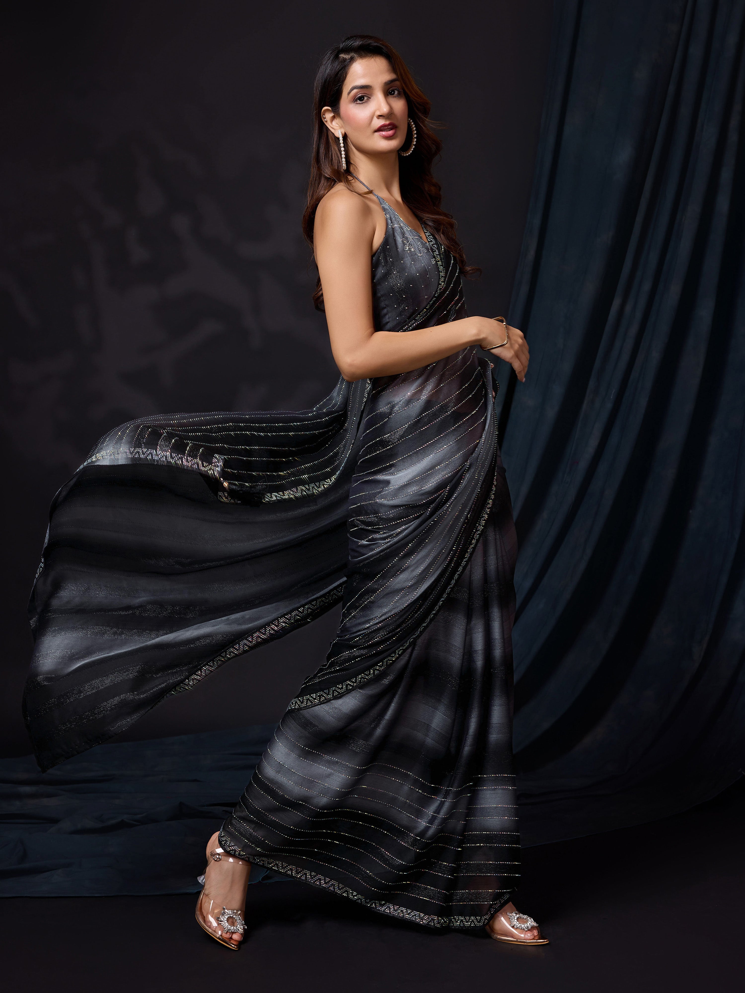 Black Chiffon Siroski Work Saree with Unstitch Blouse Piece For Women Trendmalls