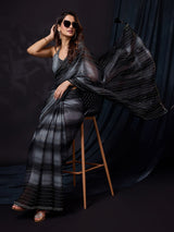 Black Chiffon Siroski Work Saree with Unstitch Blouse Piece For Women Trendmalls