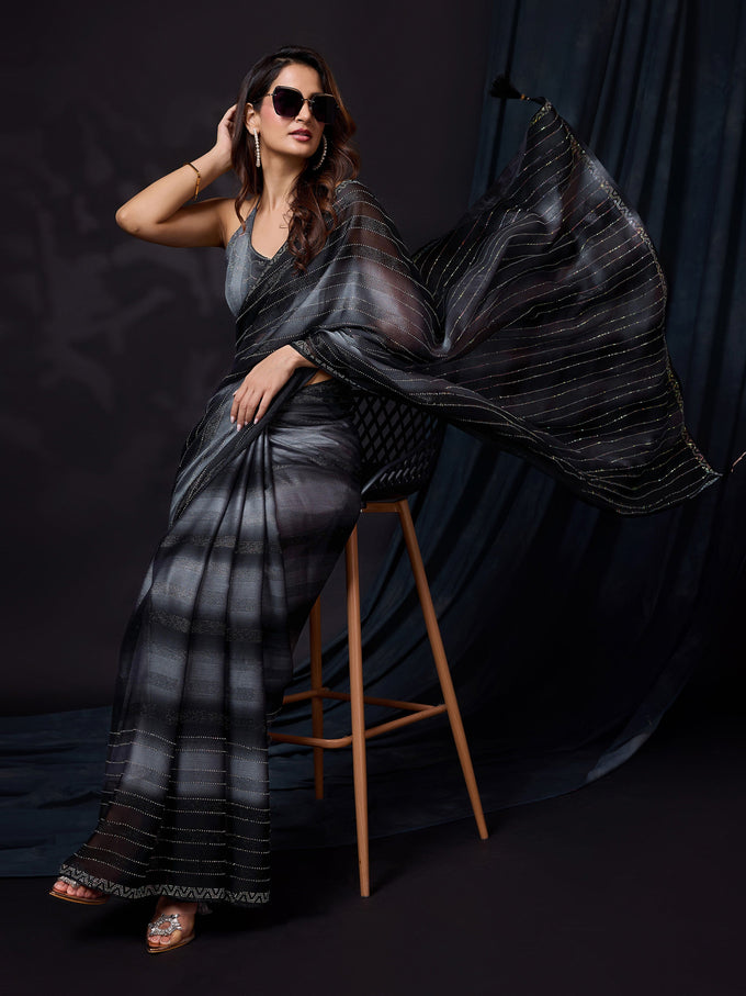 Black Chiffon Siroski Work Saree with Unstitch Blouse Piece For Women Trendmalls