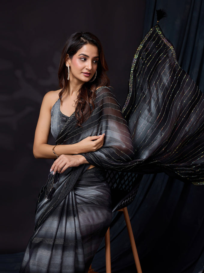 Black Chiffon Siroski Work Saree with Unstitch Blouse Piece For Women Trendmalls