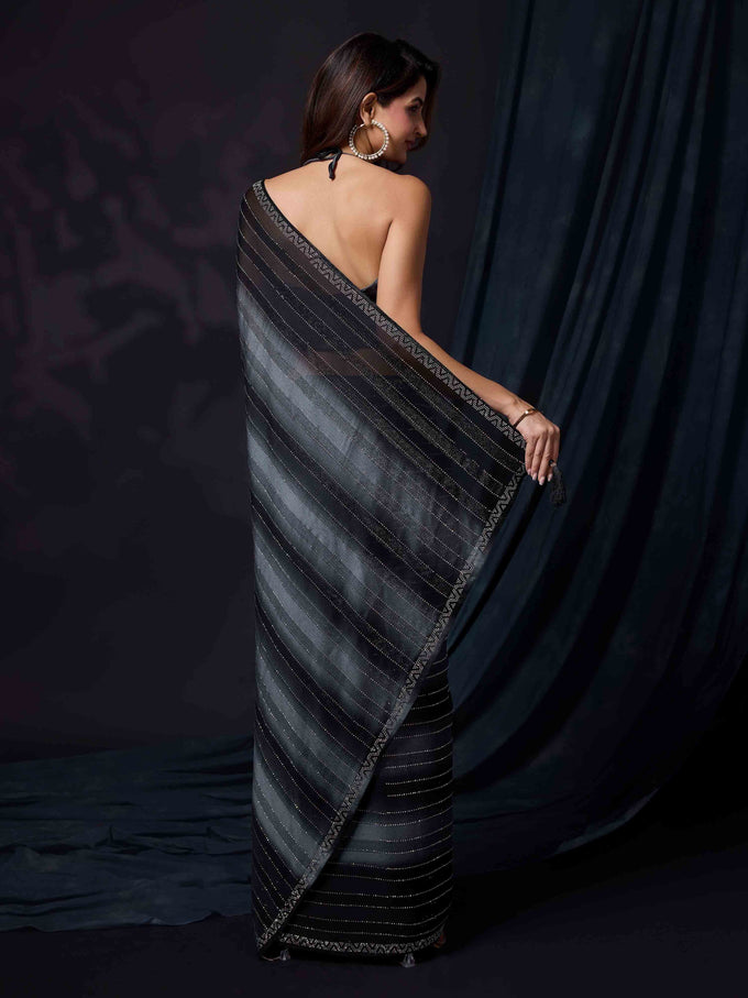 Black Chiffon Siroski Work Saree with Unstitch Blouse Piece For Women Trendmalls