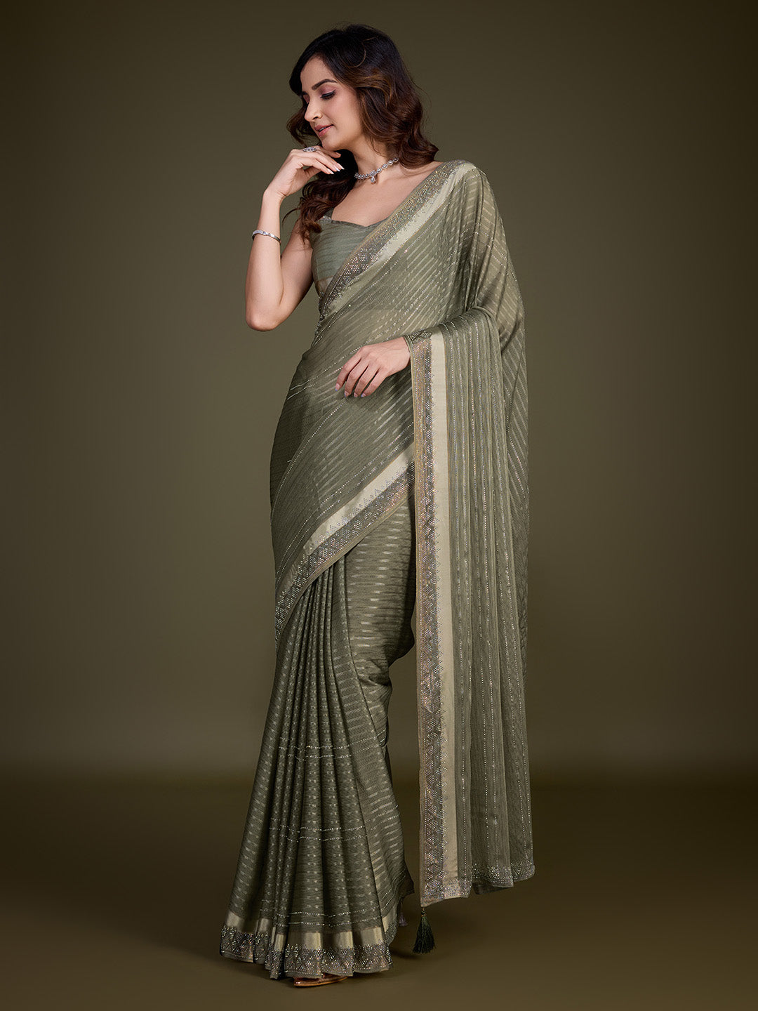 Women's Chiffon Siroski Work Saree with Unstitch Blouse Piece Trendmalls