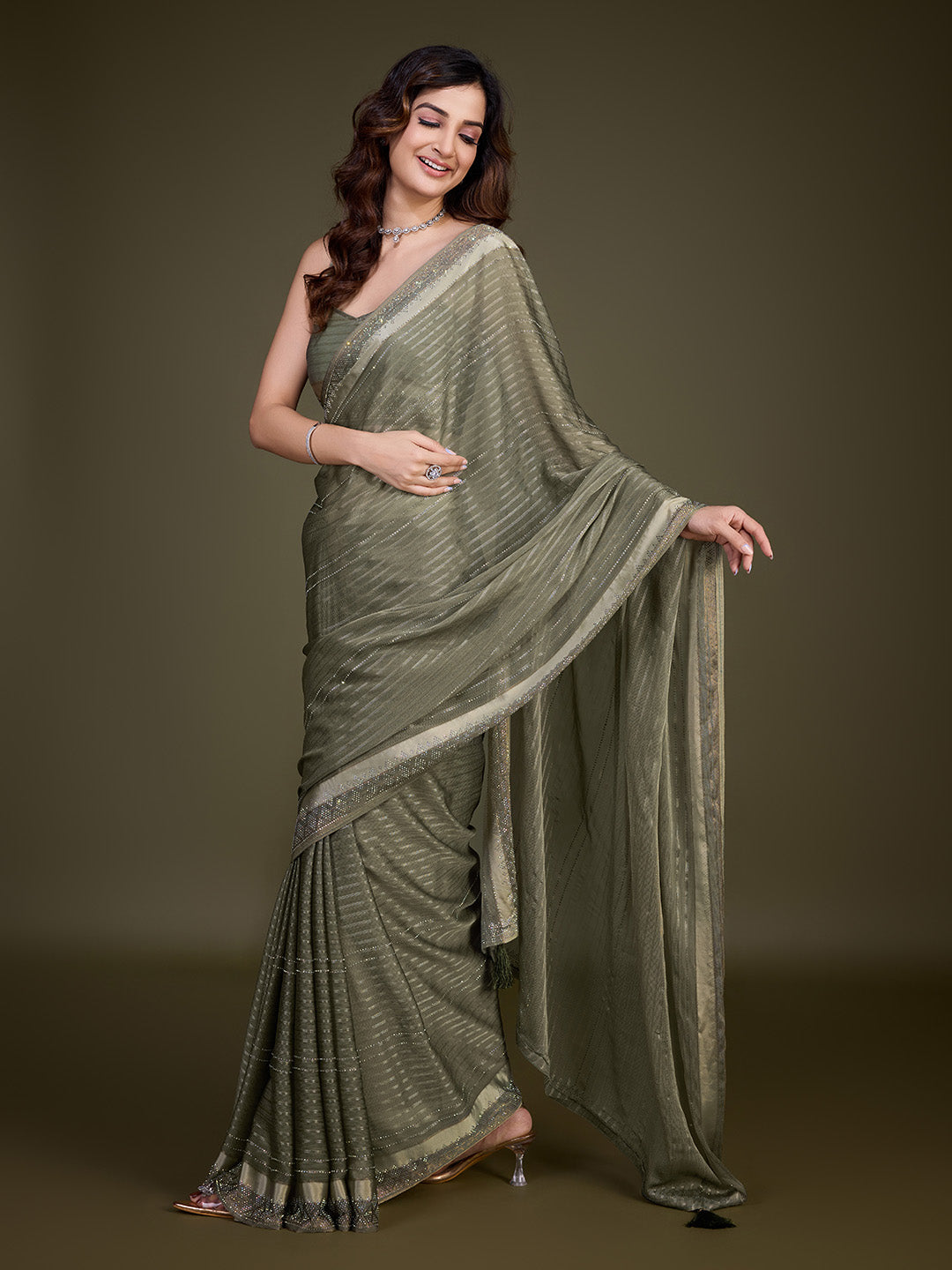 Women's Chiffon Siroski Work Saree with Unstitch Blouse Piece Trendmalls
