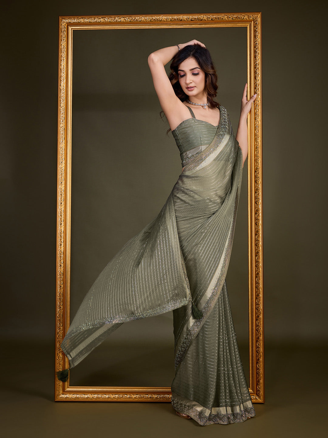 Women's Chiffon Siroski Work Saree with Unstitch Blouse Piece Trendmalls