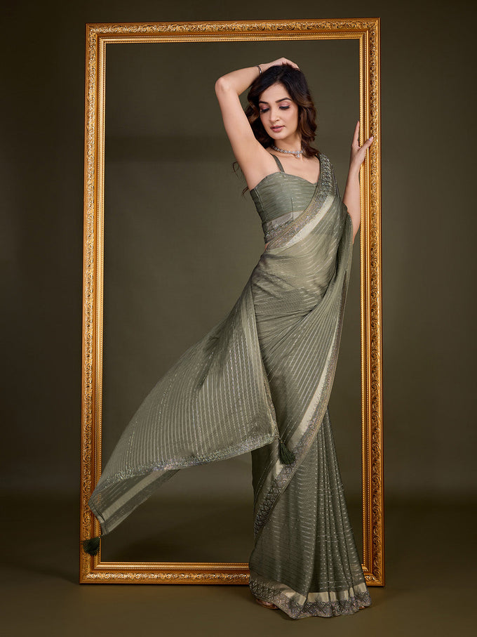 Women's Chiffon Siroski Work Saree with Unstitch Blouse Piece Trendmalls