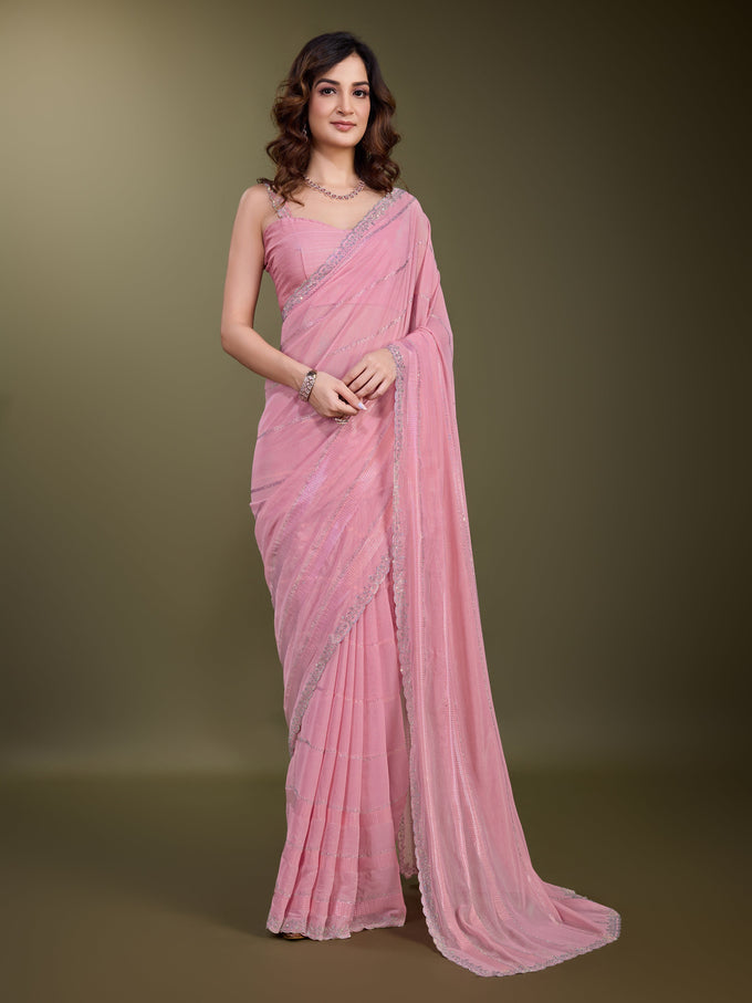 Women's Chiffon Siroski Work Saree with Unstitch Blouse Piece Trendmalls