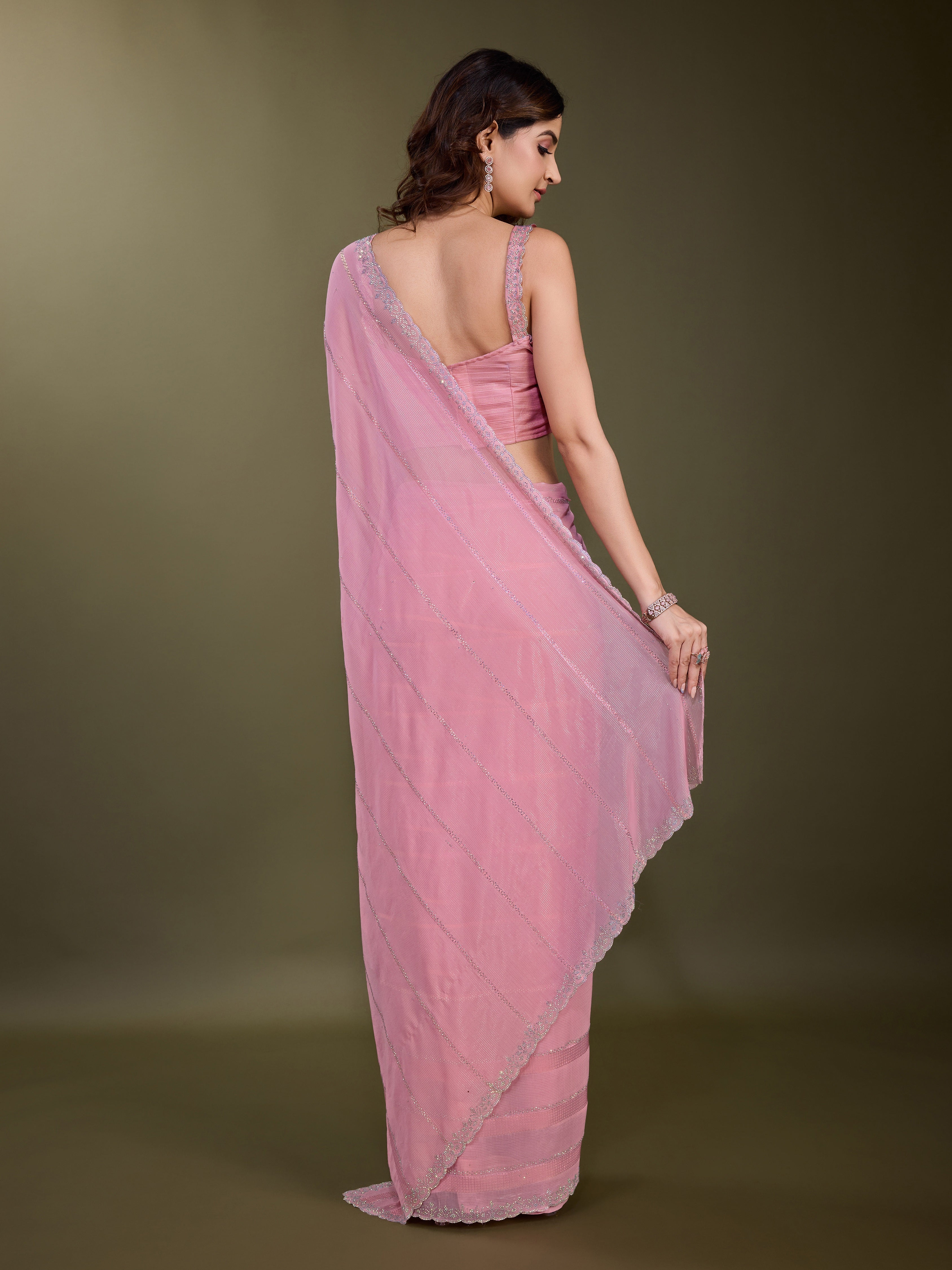 Women's Chiffon Siroski Work Saree with Unstitch Blouse Piece Trendmalls