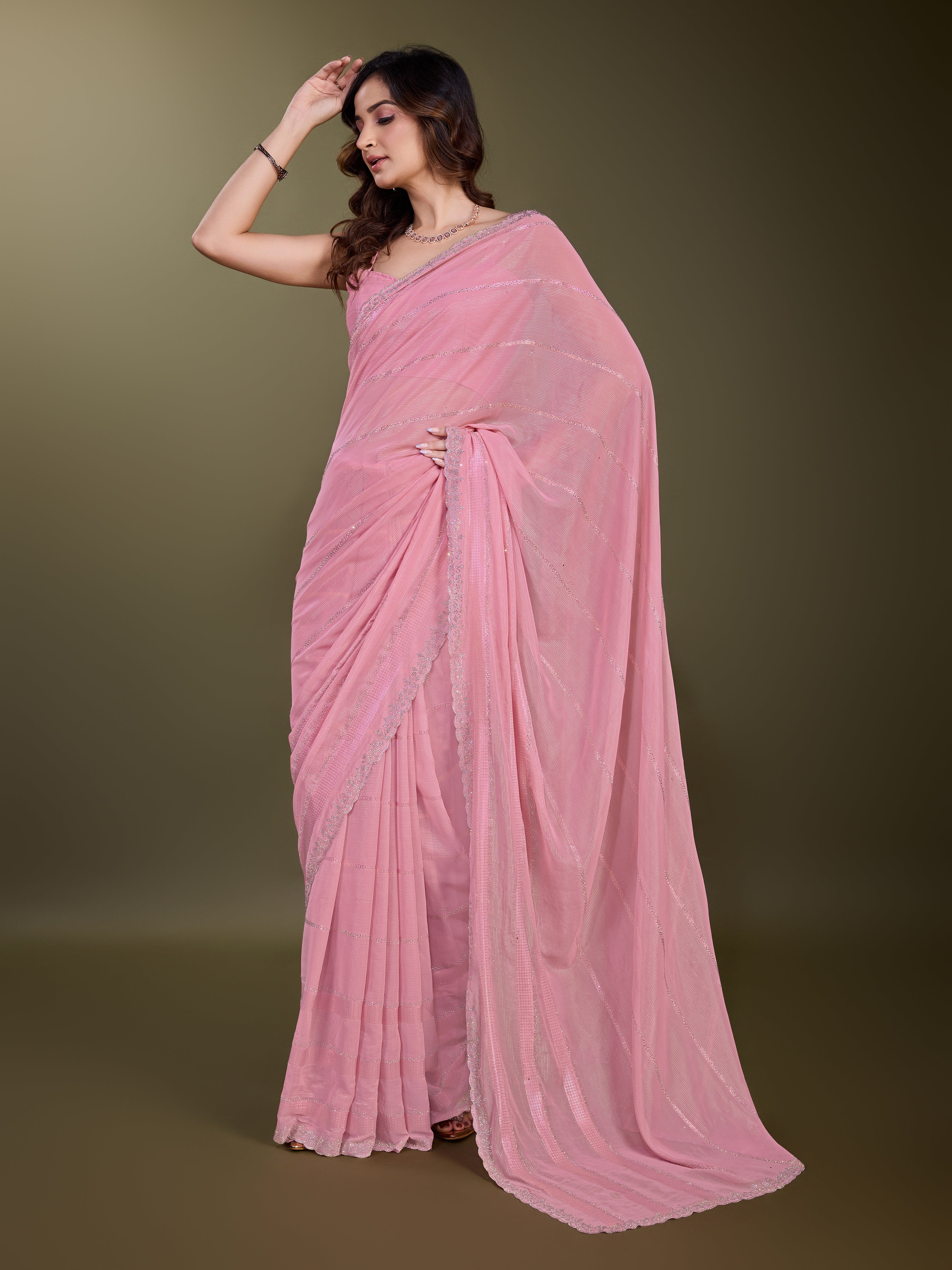 Women's Chiffon Siroski Work Saree with Unstitch Blouse Piece Trendmalls