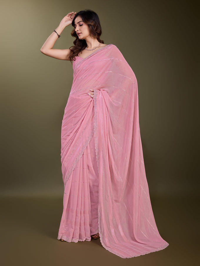 Women's Chiffon Siroski Work Saree with Unstitch Blouse Piece Trendmalls