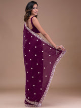 Purple Satin Embroidery Sequin Work Saree with Unstitch Blouse Piece Trendmalls