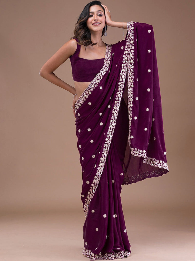 Purple Satin Embroidery Sequin Work Saree with Unstitch Blouse Piece Trendmalls