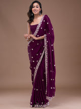 Purple Satin Embroidery Sequin Work Saree with Unstitch Blouse Piece Trendmalls