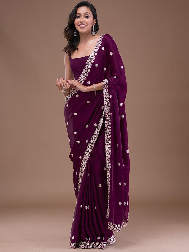 Purple Satin Embroidery Sequin Work Saree with Unstitch Blouse Piece Trendmalls