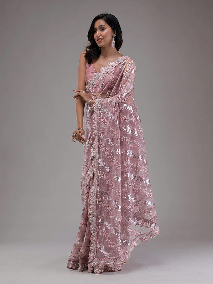 Light Purple Net Embroidery Stone, Sequin Work Saree with Unstitch Blouse Piece Trendmalls
