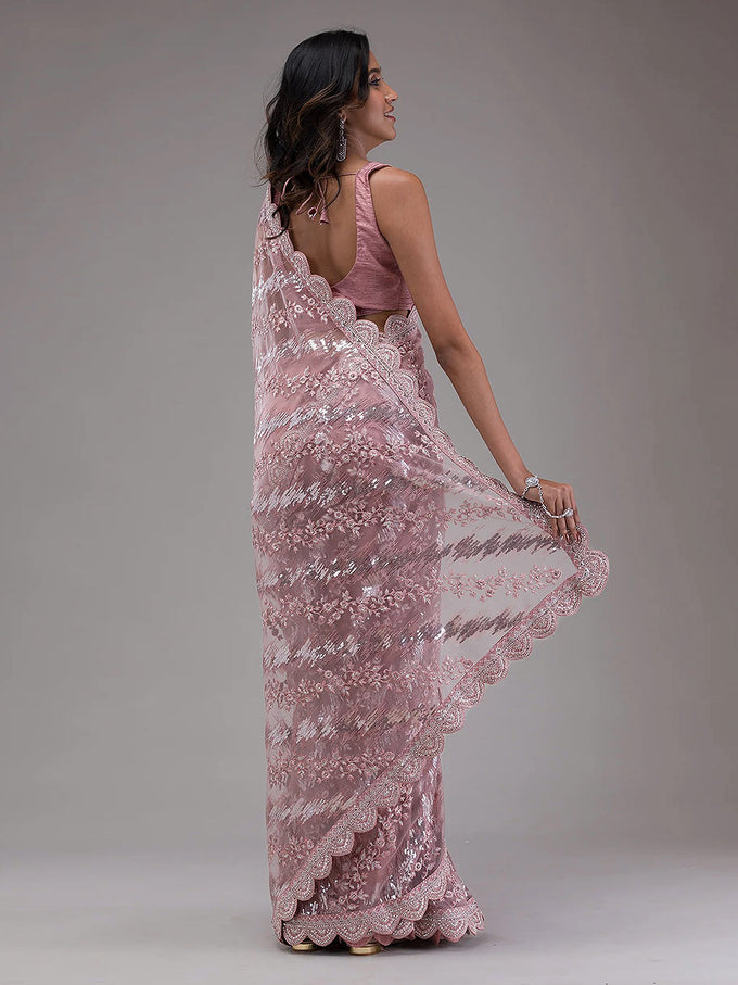 Light Purple Net Embroidery Stone, Sequin Work Saree with Unstitch Blouse Piece Trendmalls