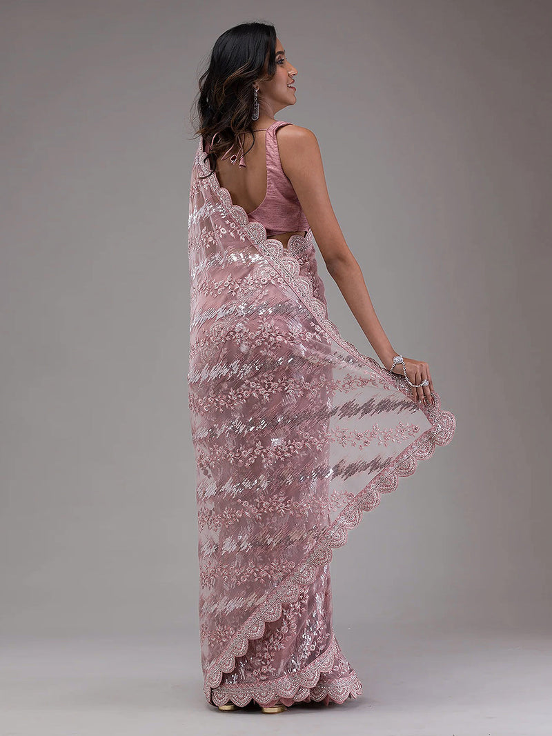 Light Purple Net Embroidery Stone, Sequin Work Saree with Unstitch Blouse Piece Trendmalls