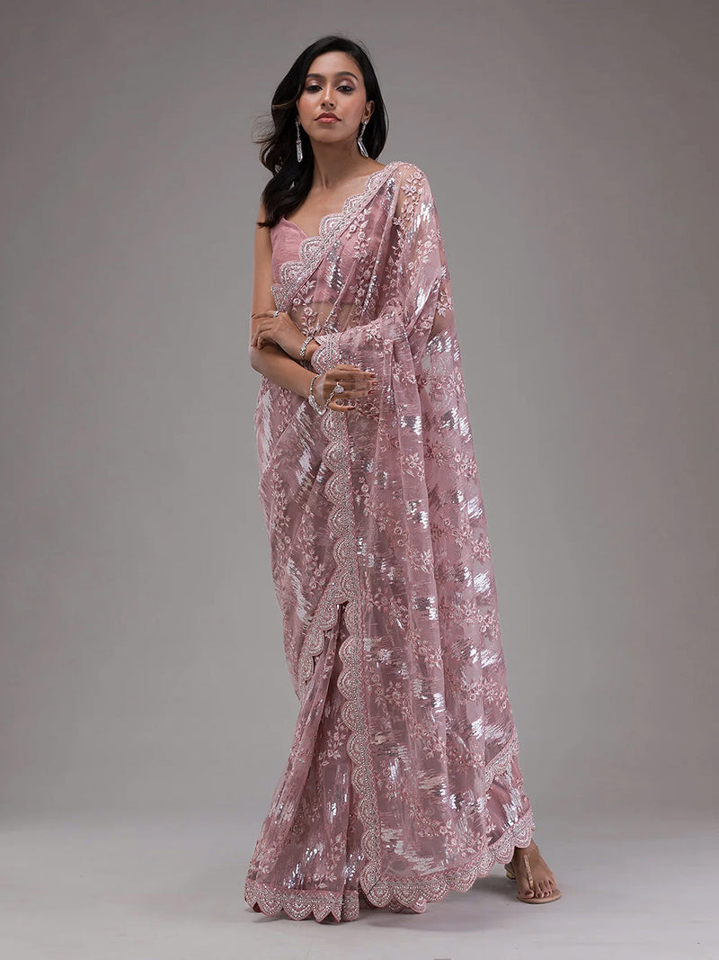 Light Purple Net Embroidery Stone, Sequin Work Saree with Unstitch Blouse Piece Trendmalls