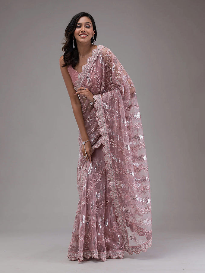 Light Purple Net Embroidery Stone, Sequin Work Saree with Unstitch Blouse Piece Trendmalls