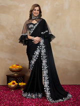 Women's Satin Embroidery Sequin Work Saree with Unstitch Blouse Piece Trendmalls