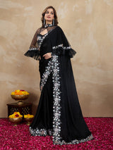 Women's Satin Embroidery Sequin Work Saree with Unstitch Blouse Piece Trendmalls