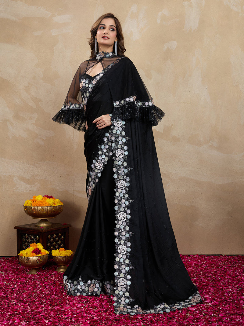 Women's Satin Embroidery Sequin Work Saree with Unstitch Blouse Piece Trendmalls