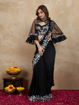 Women's Satin Embroidery Sequin Work Saree with Unstitch Blouse Piece Trendmalls