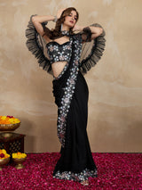 Women's Satin Embroidery Sequin Work Saree with Unstitch Blouse Piece Trendmalls