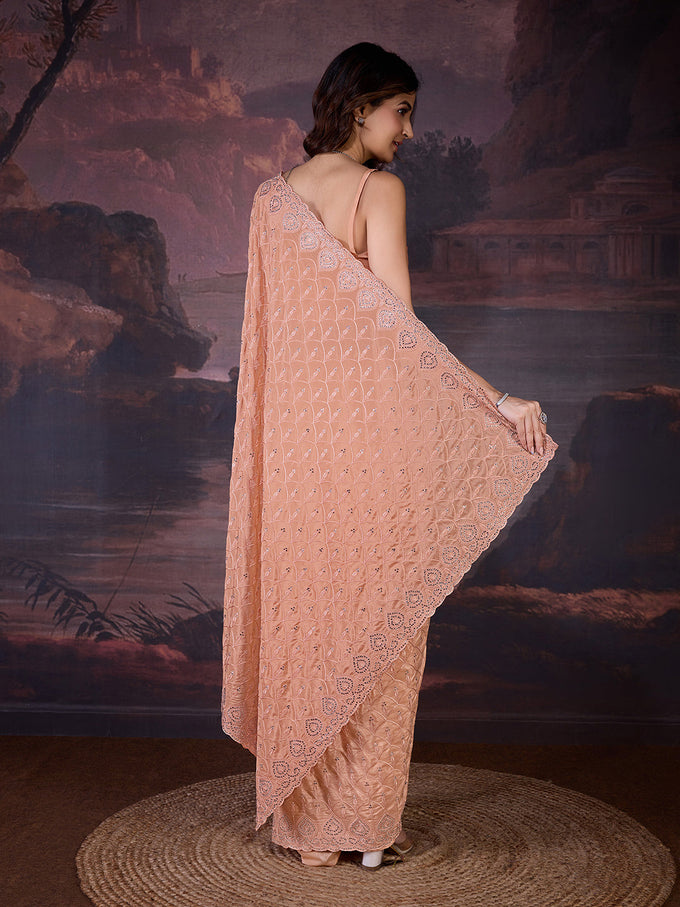 Women's Orange Silk Embroidery Zarkan Work Saree with Unstitch Blouse Piece Trendmalls