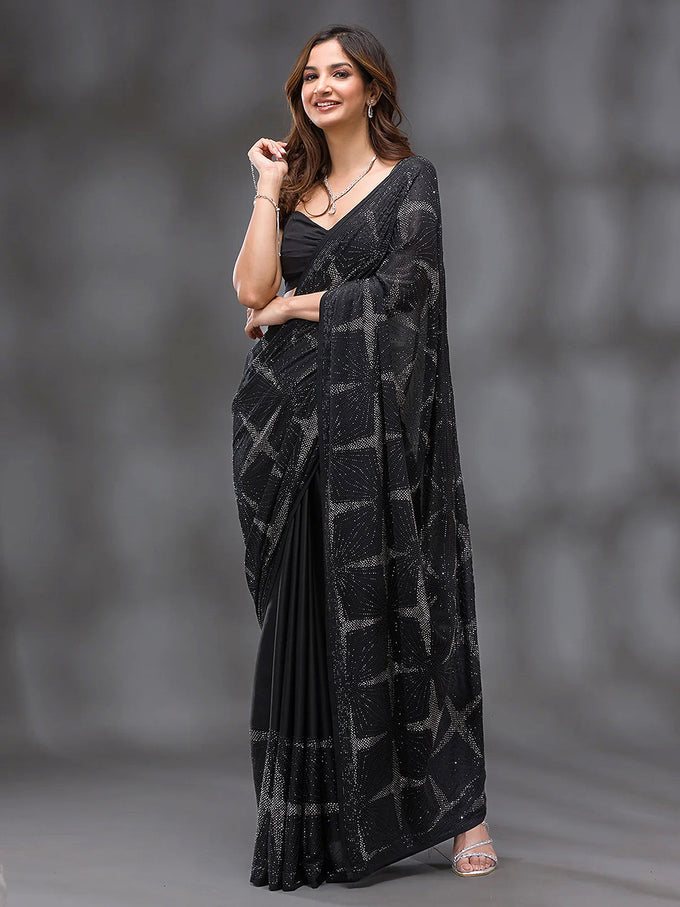 Black Silk Siroski Work Saree with Unstitch Blouse Piece Trendmalls