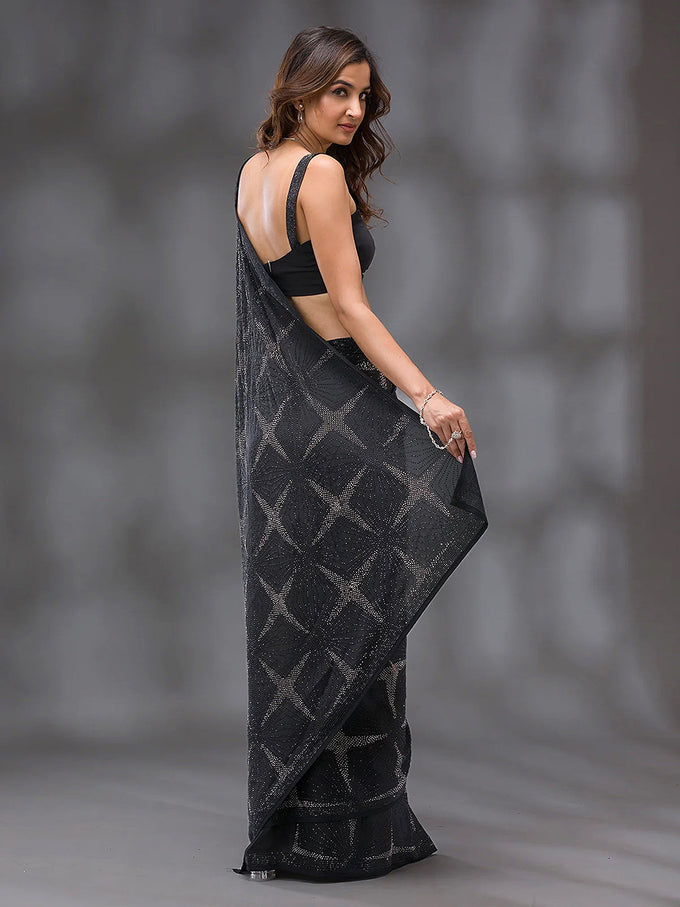 Black Silk Siroski Work Saree with Unstitch Blouse Piece Trendmalls