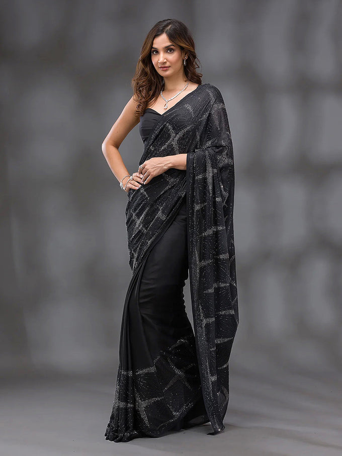 Black Silk Siroski Work Saree with Unstitch Blouse Piece Trendmalls