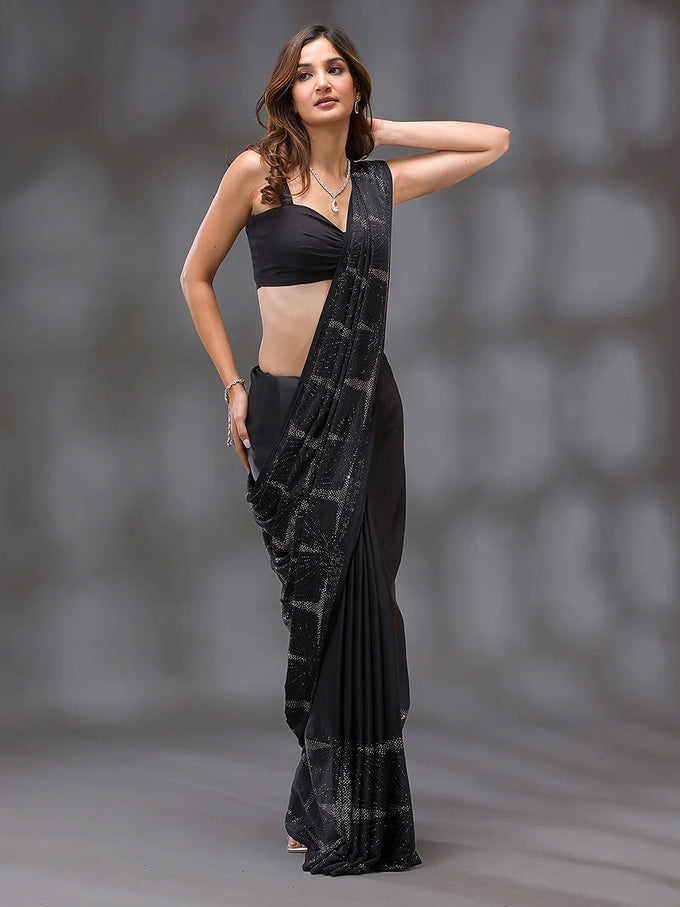 Black Silk Siroski Work Saree with Unstitch Blouse Piece Trendmalls