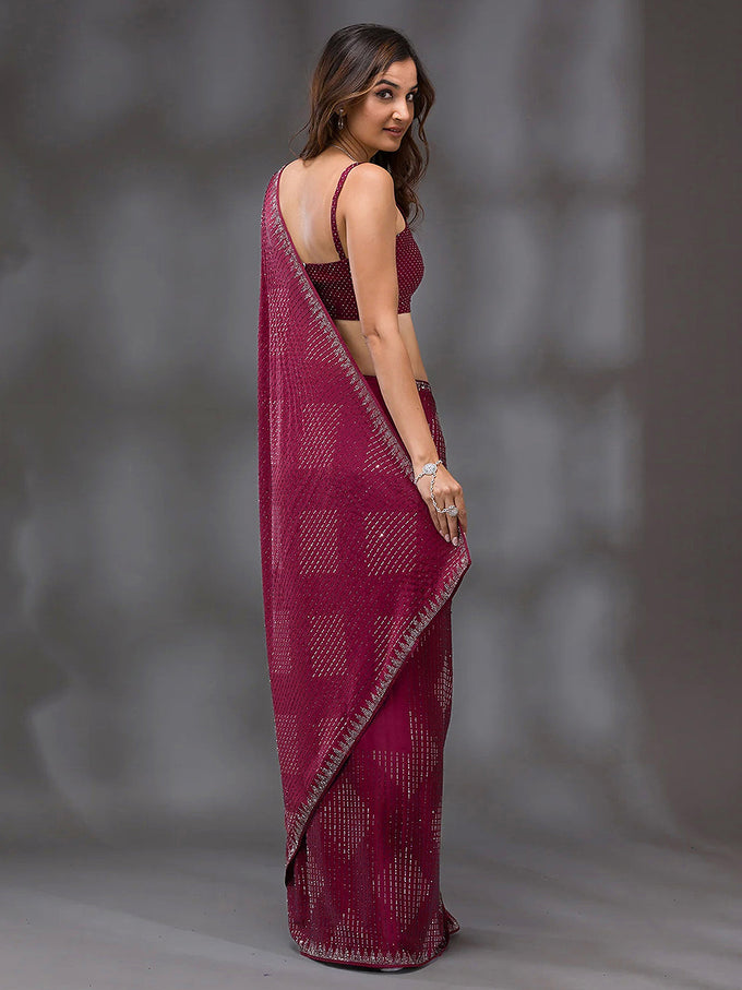 Women's Red Silk Siroski Work Saree with Unstitch Blouse Piece Trendmalls