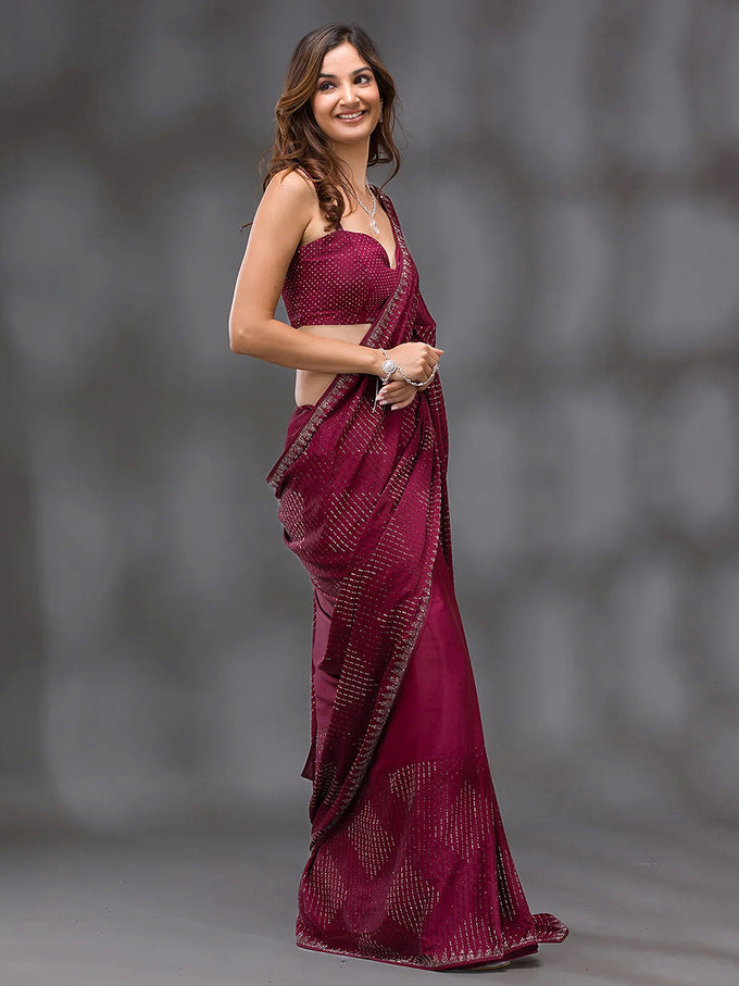 Women's Red Silk Siroski Work Saree with Unstitch Blouse Piece Trendmalls