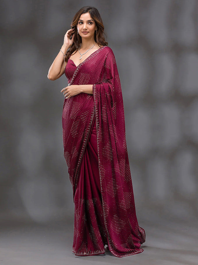 Women's Red Silk Siroski Work Saree with Unstitch Blouse Piece Trendmalls