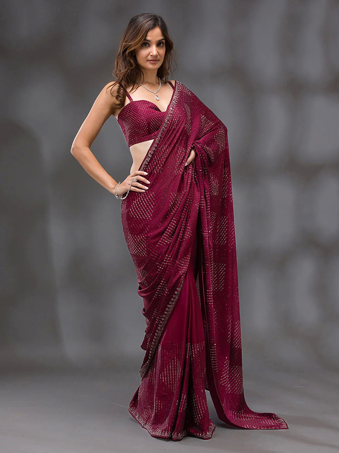 Women's Red Silk Siroski Work Saree with Unstitch Blouse Piece Trendmalls