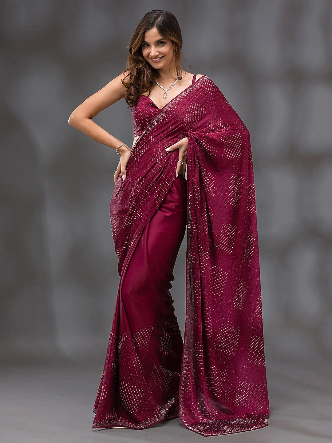 Women's Red Silk Siroski Work Saree with Unstitch Blouse Piece Trendmalls