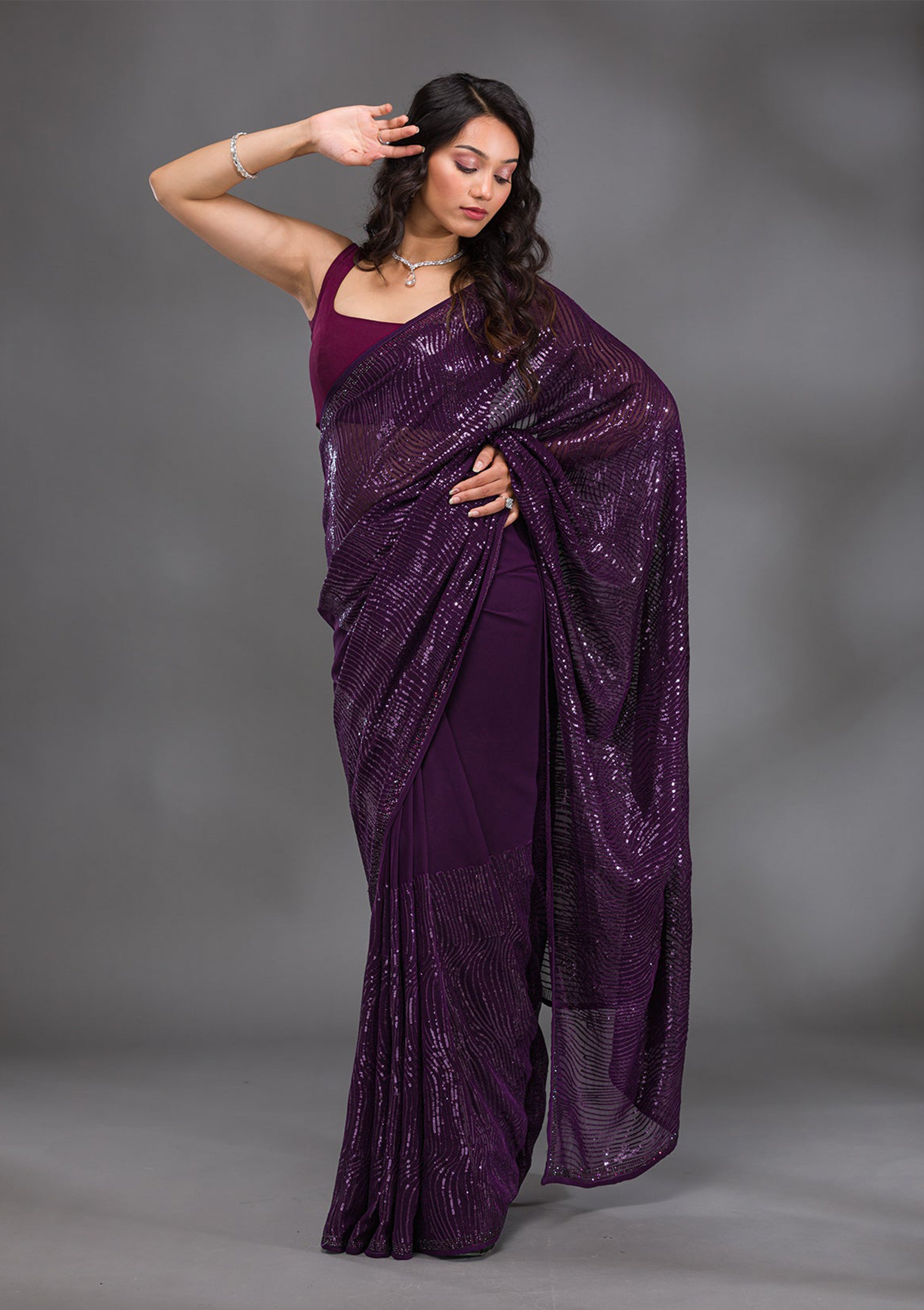 Purple Georgette Sequence Embroidery Work Saree with Unstitch Blouse Piece For Women Trendmalls