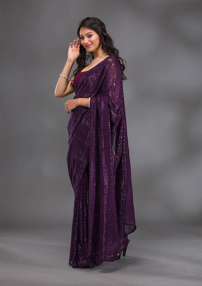 Purple Georgette Sequence Embroidery Work Saree with Unstitch Blouse Piece For Women Trendmalls