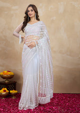 White Net Embroidery Sequin work Saree with Unstitch Blouse Piece Trendmalls