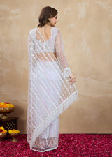 White Net Embroidery Sequin work Saree with Unstitch Blouse Piece Trendmalls