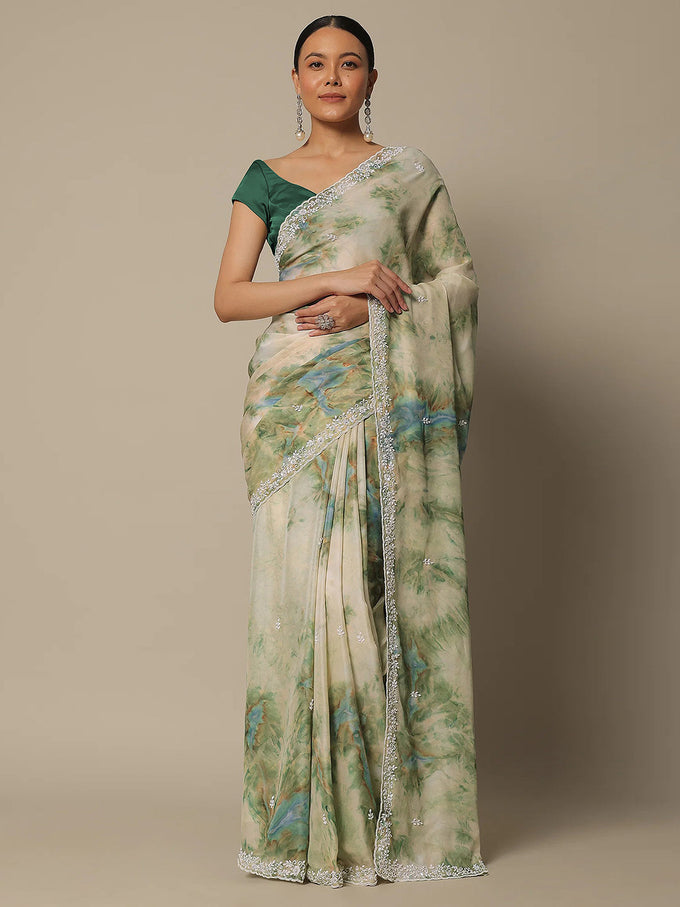 Women's Georgette Digital Printed Embroidery Saree with Unstitched Blouse Piece Trendmalls
