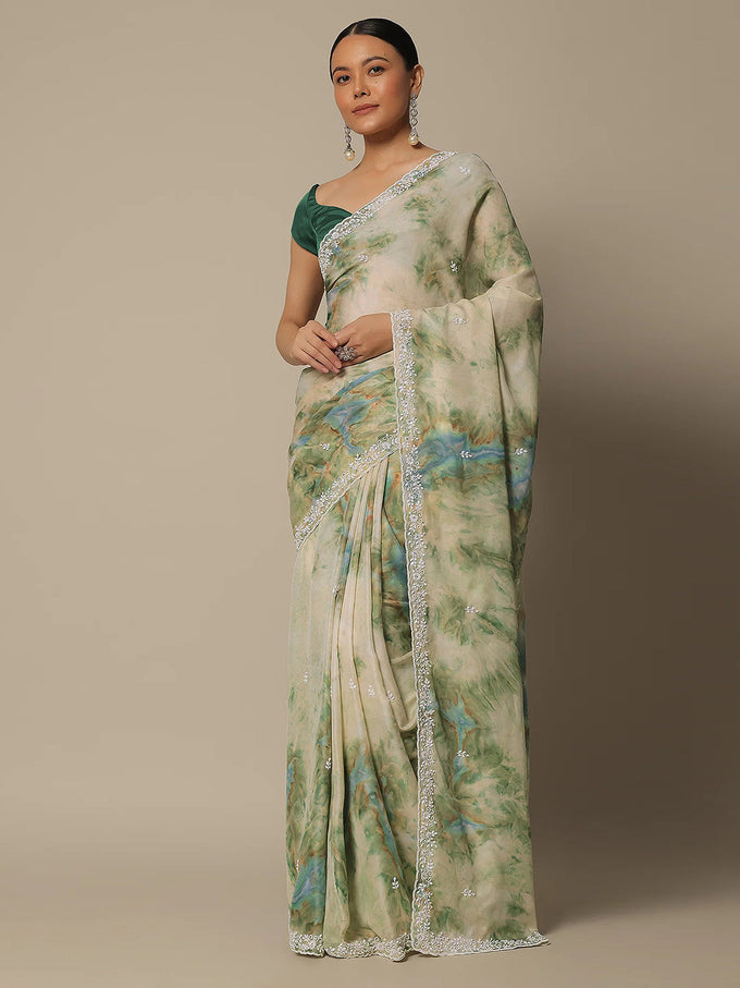 Women's Georgette Digital Printed Embroidery Saree with Unstitched Blouse Piece Trendmalls