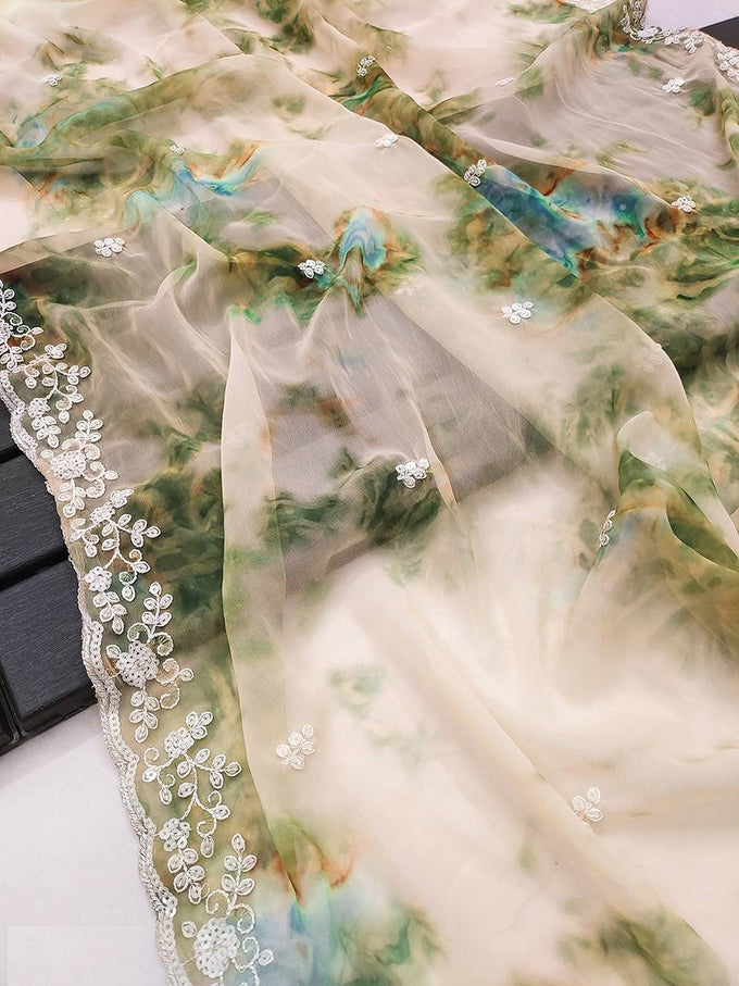 Women's Georgette Digital Printed Embroidery Saree with Unstitched Blouse Piece Trendmalls